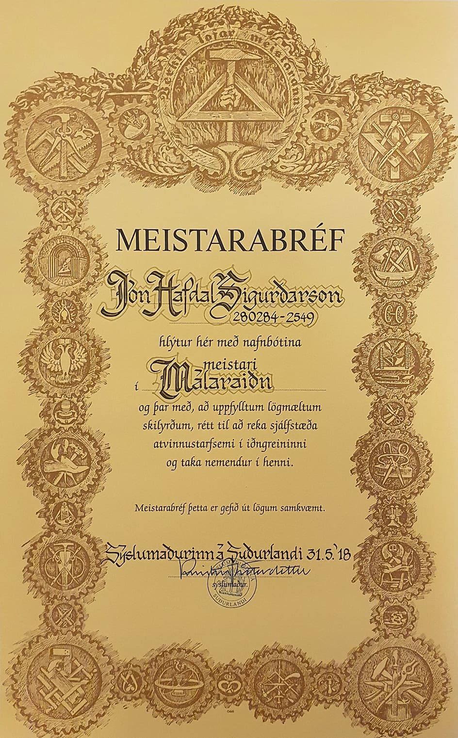 Jón Hafdal málarameistari skírteini